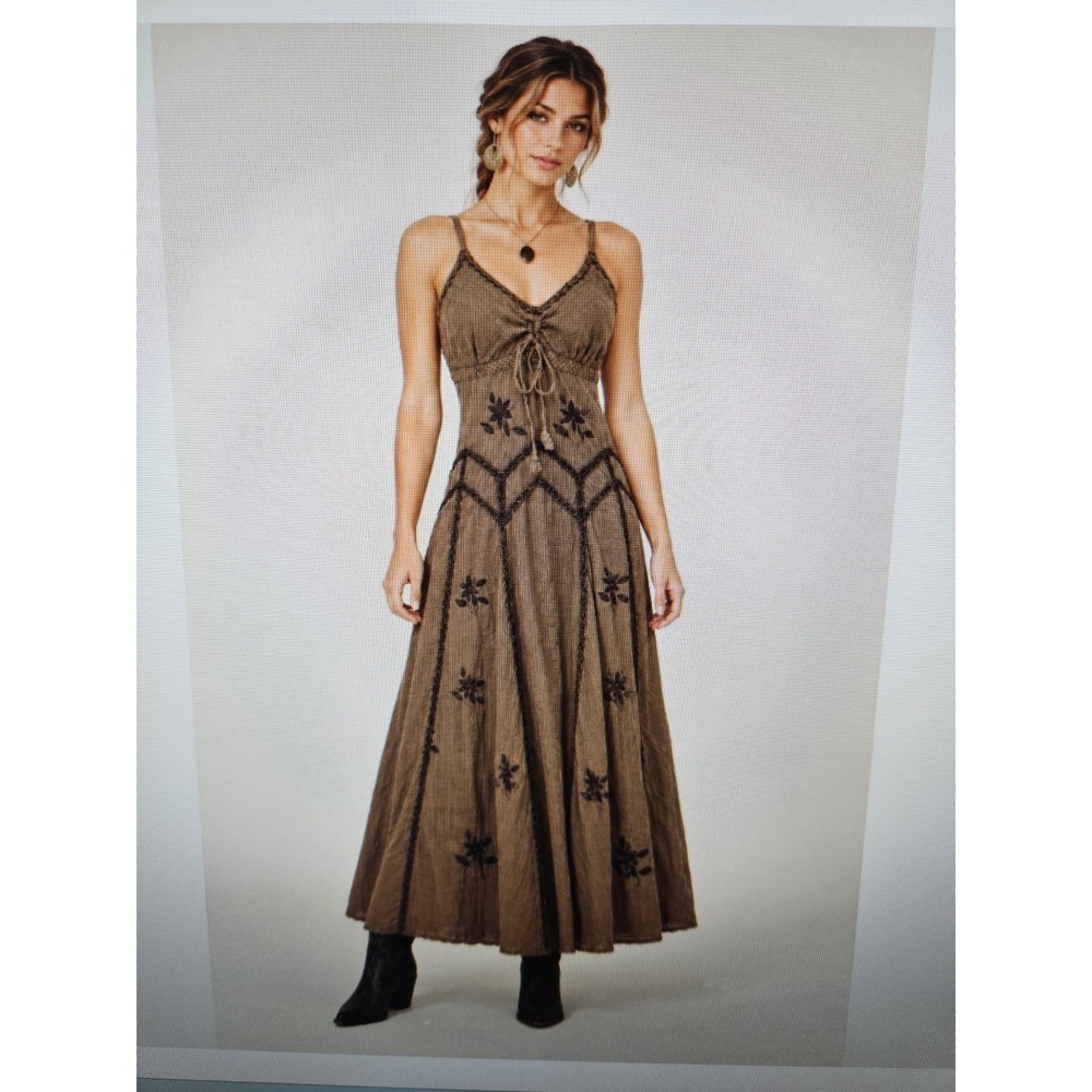 NWT Scully Honey Creek Copper Embroidered Adj. Straps Front Tie Maxi Dress, Med.